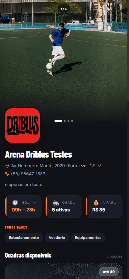 Página real de uma arena na Driblus: logo, endereço, horário de funcionamento e comodidades